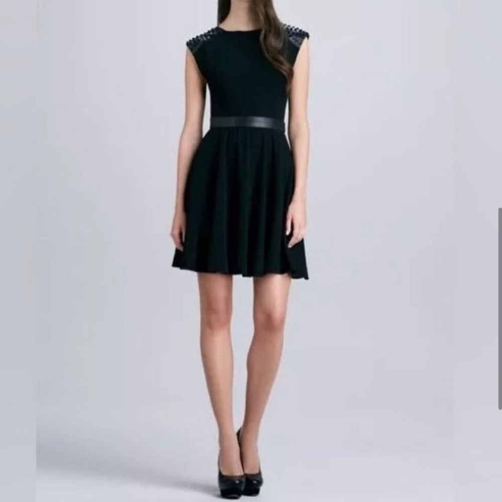 Alice + Olivia Kerry Stud Leather Shoulder Black Dress